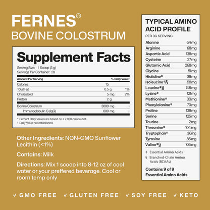 Fernes Grass Fed Colostrum Powder – First Day Milking, Unflavored, Made in USA, 28 Servings