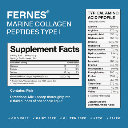 Fernes Marine Collagen Peptides for Women & Men – 1.5LB, Unflavored Type I, Hydrolyzed