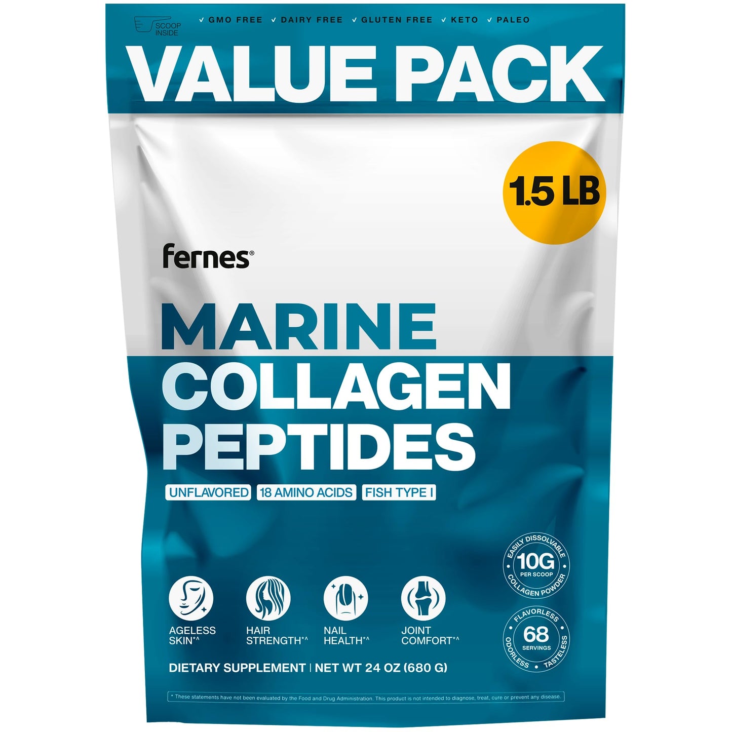 Fernes Marine Collagen Peptides for Women & Men – 1.5LB, Unflavored Type I, Hydrolyzed