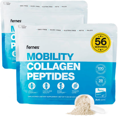 Fernes Mobility Collagen Peptides Powder – Acti-Joint with Glucosamine, Chondroitin & Hyaluronic Acid + Liposomal Vitamin C | Grass-Fed Type I & III | 56 Servings