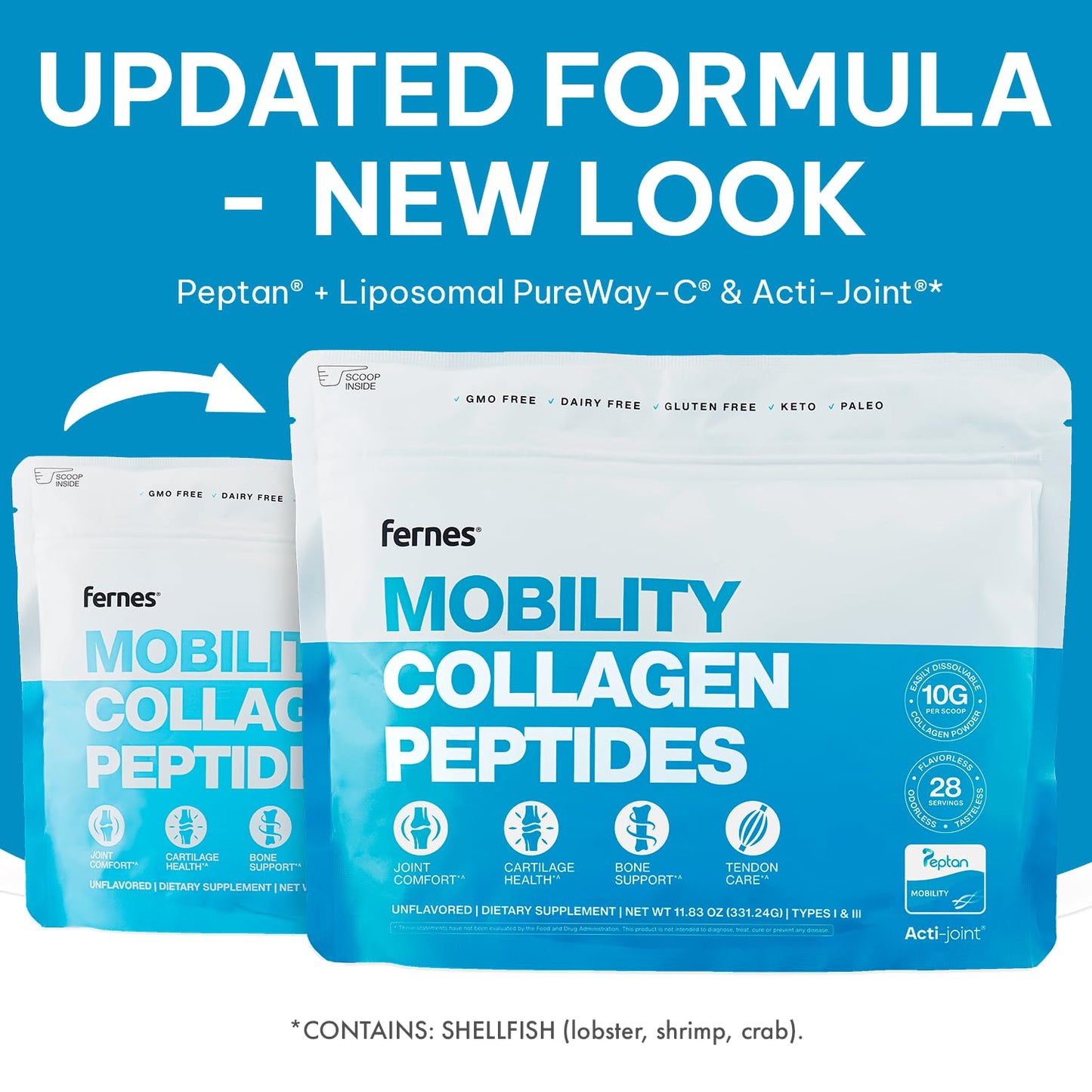 Fernes Mobility Collagen Peptides Powder – Acti-Joint with Glucosamine, Chondroitin & Hyaluronic Acid + Liposomal Vitamin C | Grass-Fed Type I & III | 56 Servings