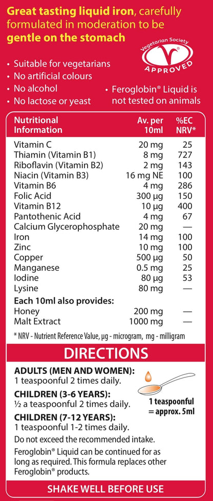 Feroglobin Gentle Iron & Nutrient Liquid | Reduce Tiredness and Fatigue | Natural Iron Source