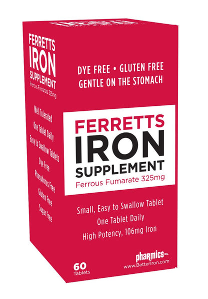 Ferretts Iron Tablets 106mg (325mg Ferrous Fumarate) – 60 Day Supply
