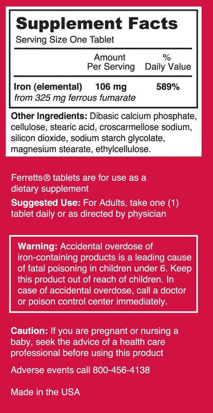 Ferretts Iron Supplement Tablets – 325 mg Iron, 3-Pack (Gluten Free)