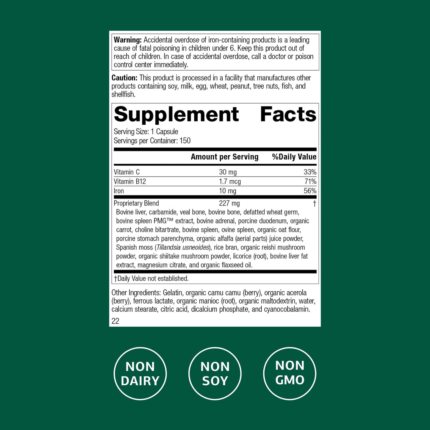 Standard Process Ferrofood - Blood Health Supplement with Iron, B12 & Vitamin C - 150 Capsules (40 Servings)
