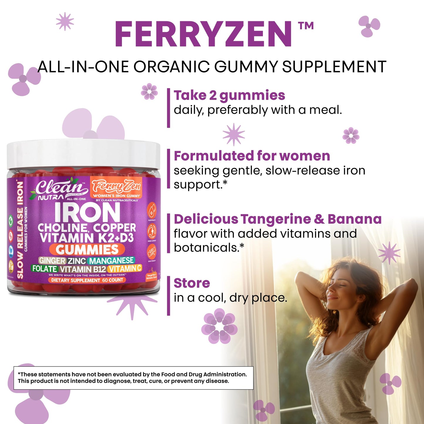 Clean Nutra FerryZen Iron Gummies for Women – Vegan, Slow-Release Iron with Choline, Copper, Vitamins K2 and D3 (60 Count)
