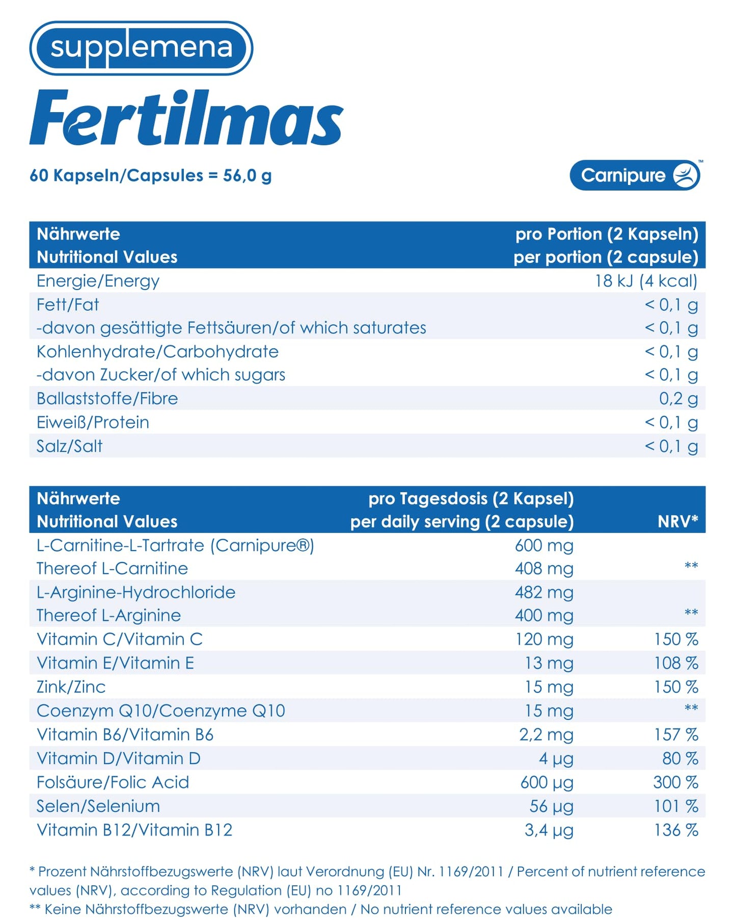 Fertilmas Natural Fertility Support for Men | L-Carnitine, Zinc, Vitamin D3, Folic Acid | Made in Germany | 1 Month