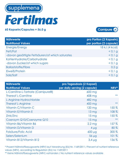 Fertilmas Natural Fertility Support for Men | L-Carnitine, Zinc, Vitamin D3, Folic Acid | Made in Germany | 1 Month