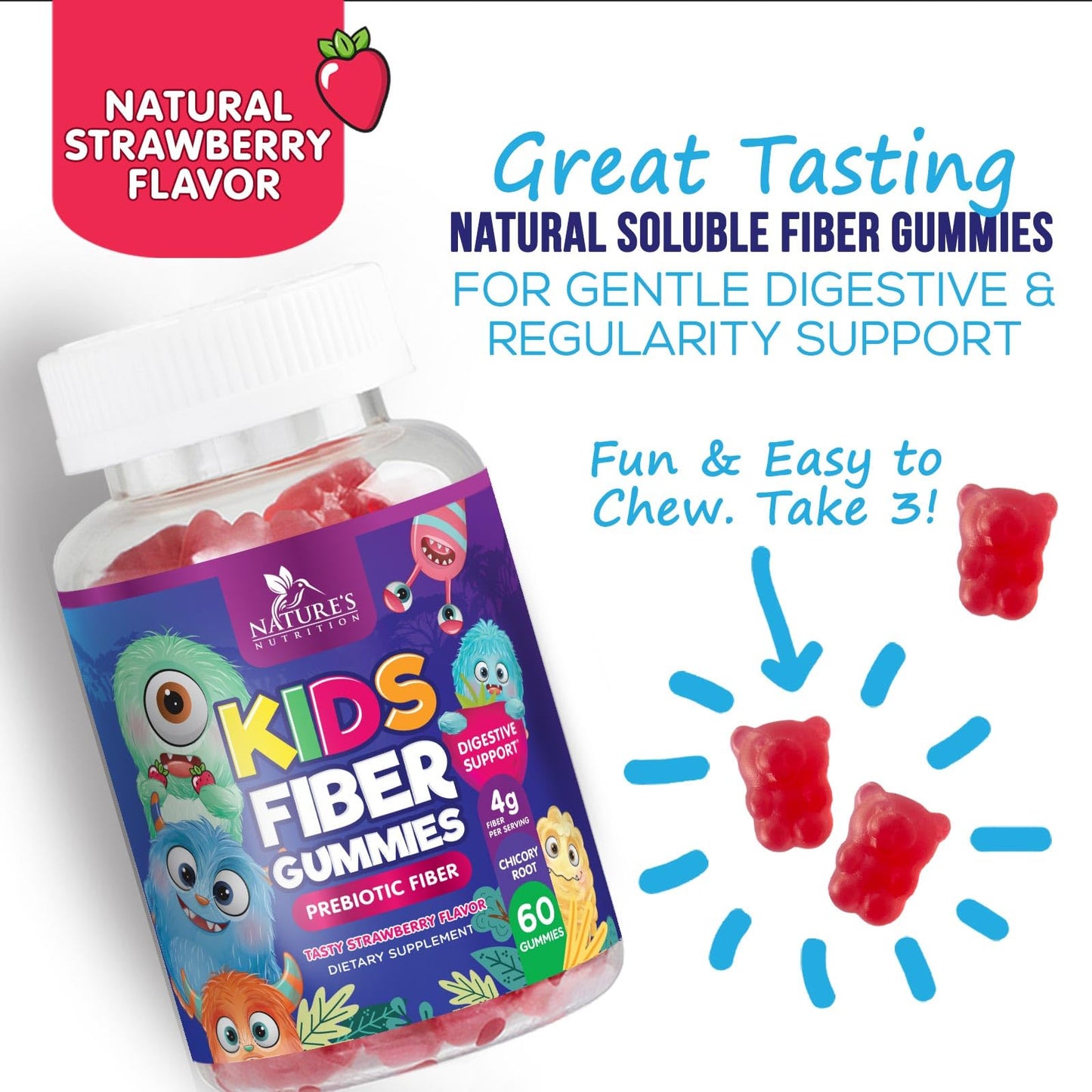 Fiber Gummies for Kids – 4g Daily Prebiotic Fiber (Plant-Based, Non-GMO) – 60 Gummies