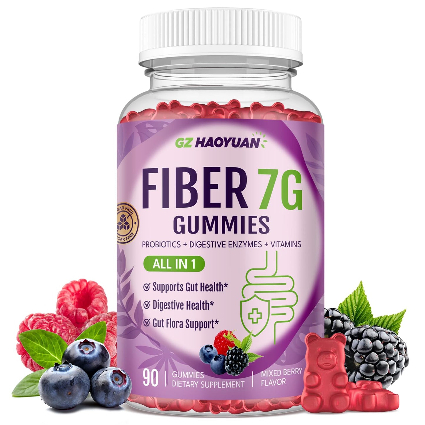 Fiber Gummies for Adults - Sugar Free, 7g All-in-1, 60B CFU Probiotic, 90 Ct