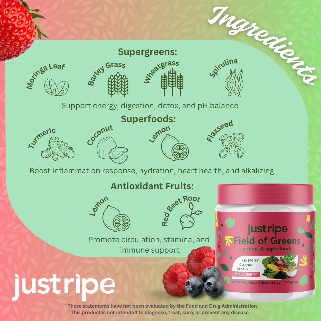 Field of Greens Superfood Powder - Organic Spirulina, Beet Root, Probiotic, Mixed Berry