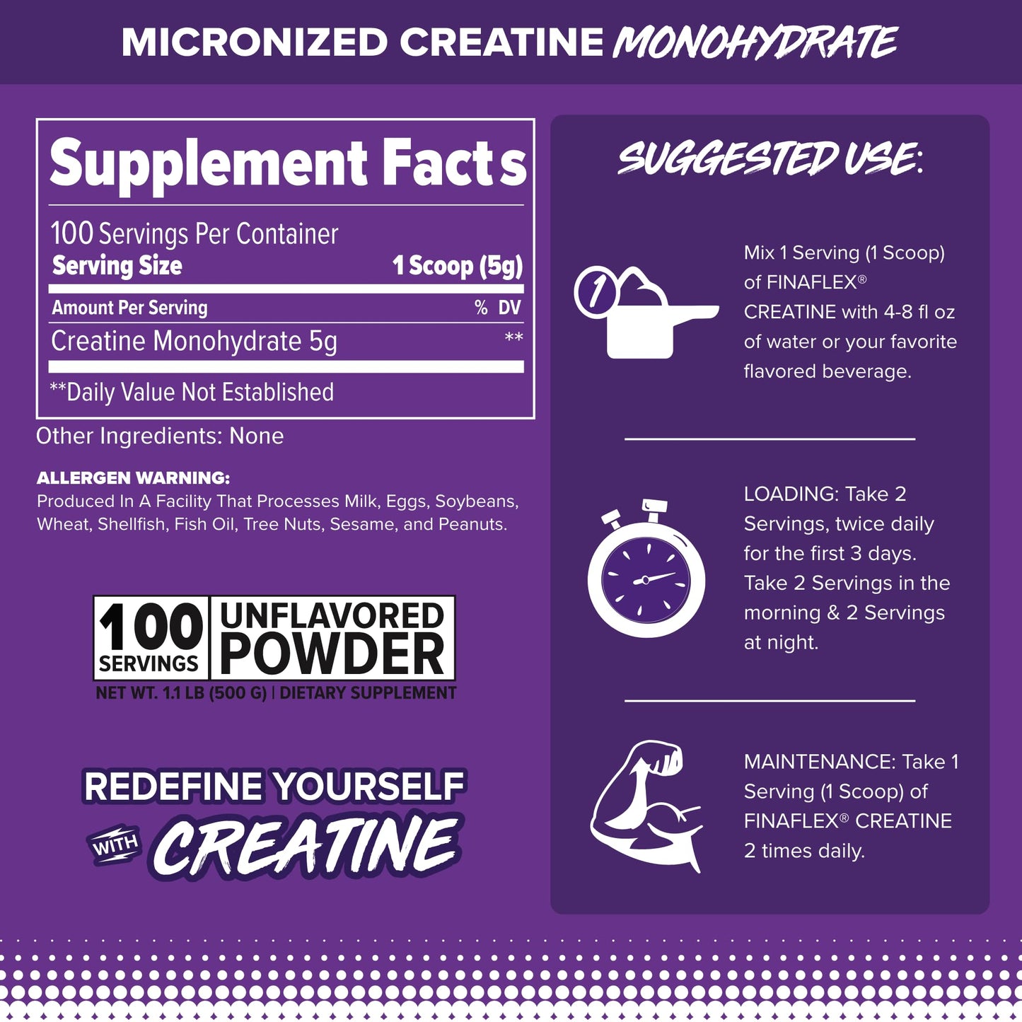 FINAFLEX Pure Creatine Unflavored - 500g | 100 Servings | NSF Certified Monohydrate