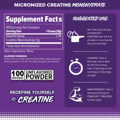 FINAFLEX Pure Creatine Unflavored - 500g | 100 Servings | NSF Certified Monohydrate