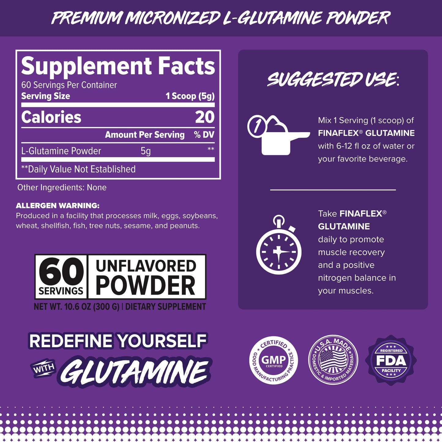 FINAFLEX Pure L-Glutamine Powder Unflavored 10.6 oz – 60 Servings