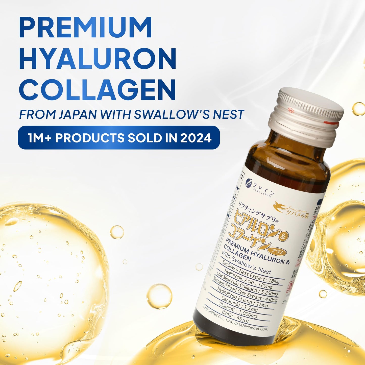 FINE JAPAN Liquid Collagen with Swallow’s Nest & Hyaluronic Acid – 17 fl oz