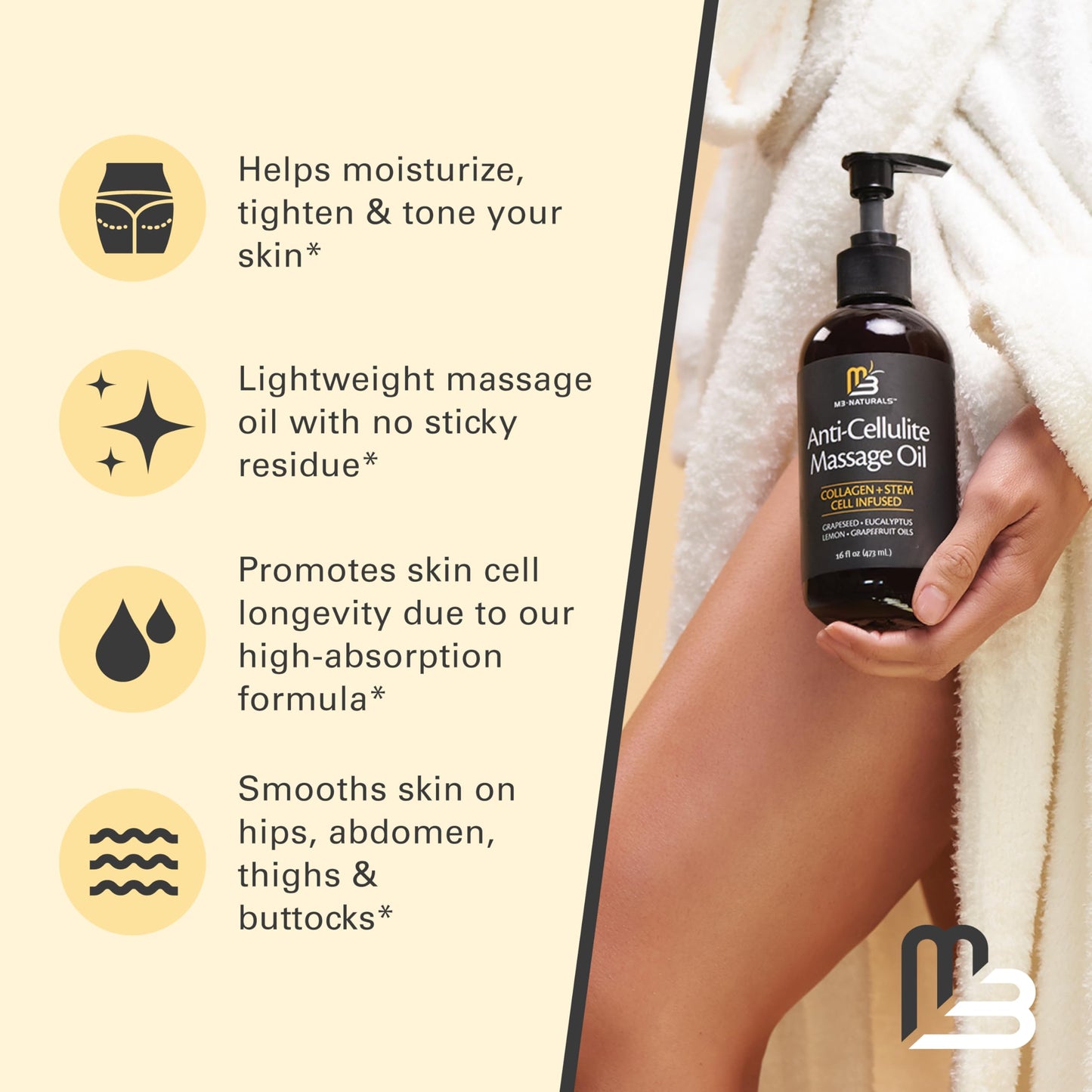 Firming Body Massage Oil with Collagen & Stem Cell – 16 Fl Oz – Smooths Cellulite & Improves Skin Texture