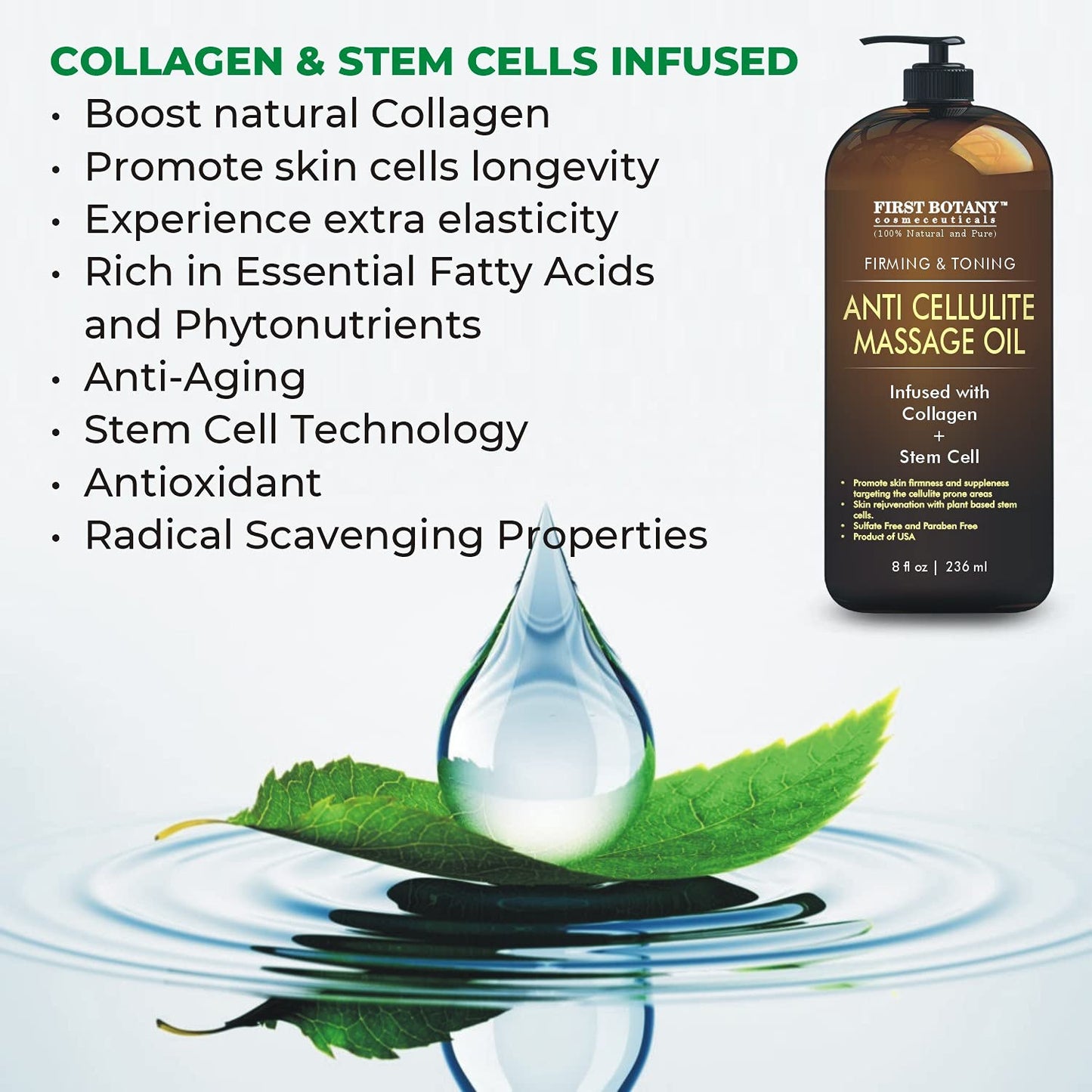First Botany Anti-Cellulite Massage Oil with Collagen & Stem Cells – 8 oz