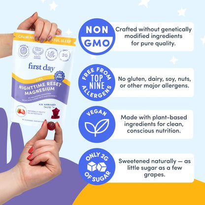 FIRST DAY Kids Magnesium Citrate Gummies (Ages 4+) — No Melatonin, Suntheanine L-Theanine, Strawberry | 30-Day Supply