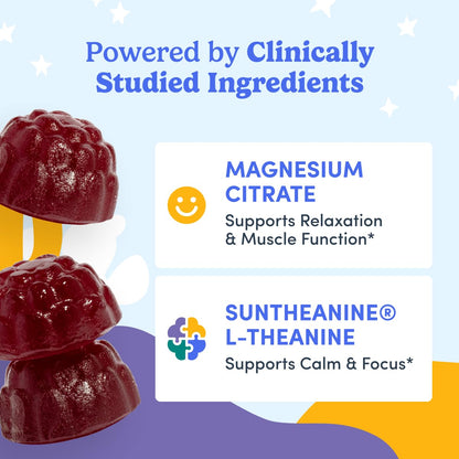 FIRST DAY Kids Magnesium Citrate Gummies (Ages 4+) — No Melatonin, Suntheanine L-Theanine, Strawberry | 30-Day Supply
