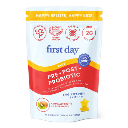 FIRST DAY Kids Belly-Biotic Gummies — 3-in-1 Probiotic, Prebiotic & Postbiotic (Vegan, Gluten Free) 30-Day Supply
