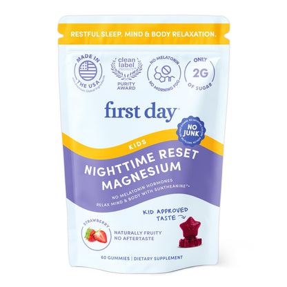 FIRST DAY Kids Magnesium Citrate Gummies (Ages 4+) — No Melatonin, Suntheanine L-Theanine, Strawberry | 30-Day Supply