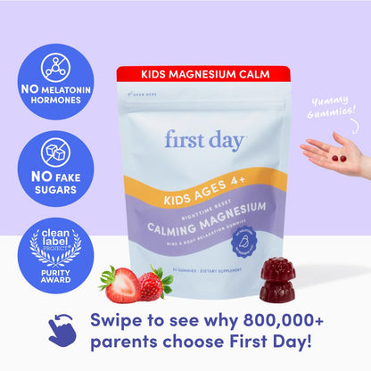 FIRST DAY Kids Magnesium Citrate Gummies (Ages 4+) — No Melatonin, Suntheanine L-Theanine, Strawberry | 30-Day Supply