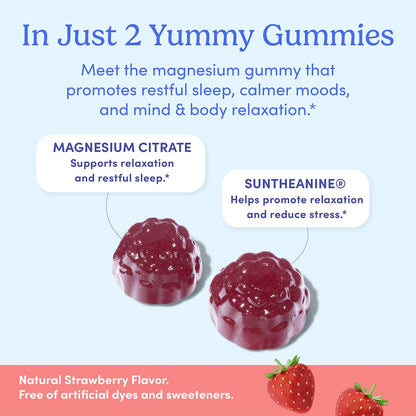 FIRST DAY Kids Magnesium Citrate Gummies (Ages 4+) — No Melatonin, Suntheanine L-Theanine, Strawberry | 30-Day Supply