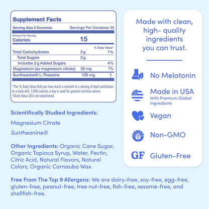 FIRST DAY Kids Magnesium Citrate Gummies (Ages 4+) — No Melatonin, Suntheanine L-Theanine, Strawberry | 30-Day Supply