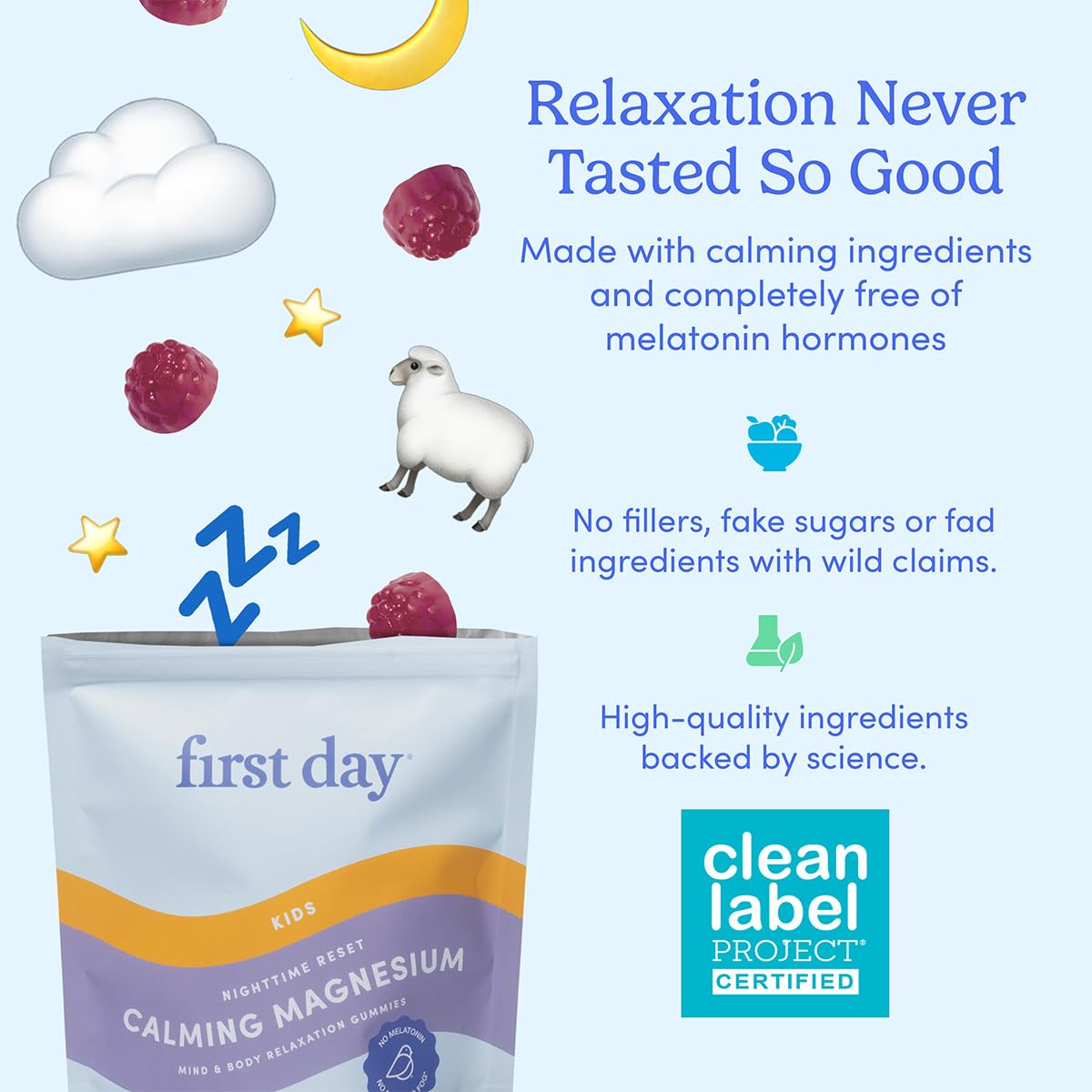 FIRST DAY Kids Magnesium Citrate Gummies (Ages 4+) — No Melatonin, Suntheanine L-Theanine, Strawberry | 30-Day Supply