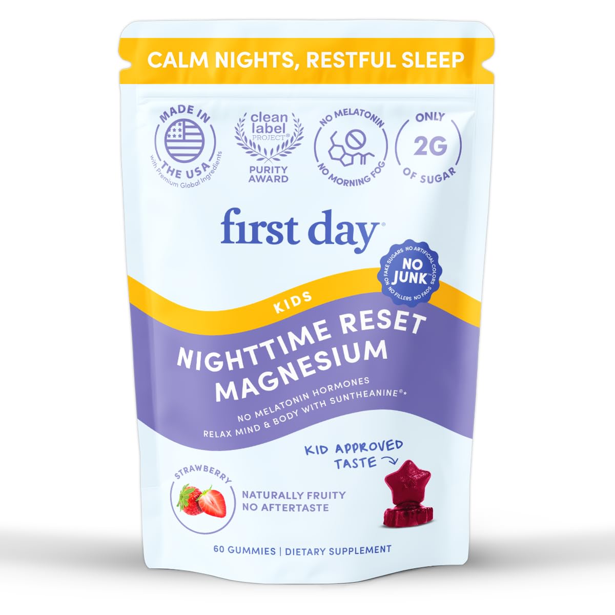 FIRST DAY Kids Magnesium Citrate Gummies (Ages 4+) — No Melatonin, Suntheanine L-Theanine, Strawberry | 30-Day Supply