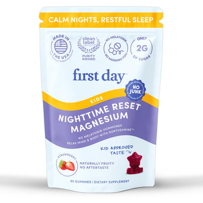FIRST DAY Kids Magnesium Citrate Gummies (Ages 4+) — No Melatonin, Suntheanine L-Theanine, Strawberry | 30-Day Supply