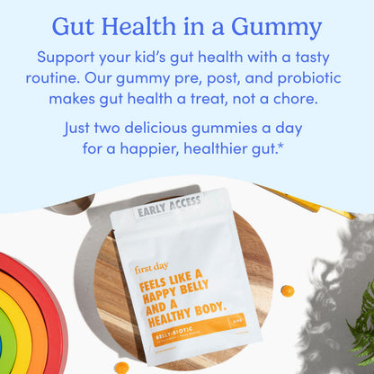 FIRST DAY Kids Belly-Biotic Gummies — 3-in-1 Probiotic, Prebiotic & Postbiotic (Vegan, Gluten Free) 30-Day Supply