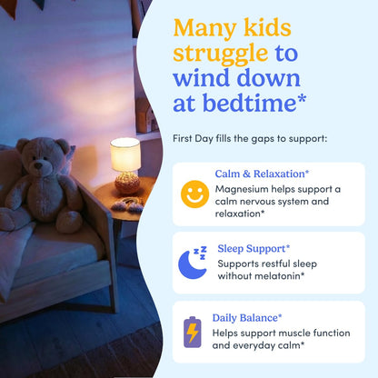 FIRST DAY Magnesium for Kids Gummies – Sleep & Relaxation Support, No Melatonin, Strawberry