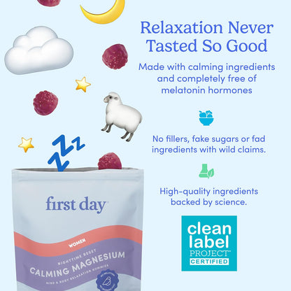First Day Women’s Nighttime Reset Calming Magnesium Gummies – Sleep Support, Calm Mood & Energy – No Melatonin – 30-Day Supply