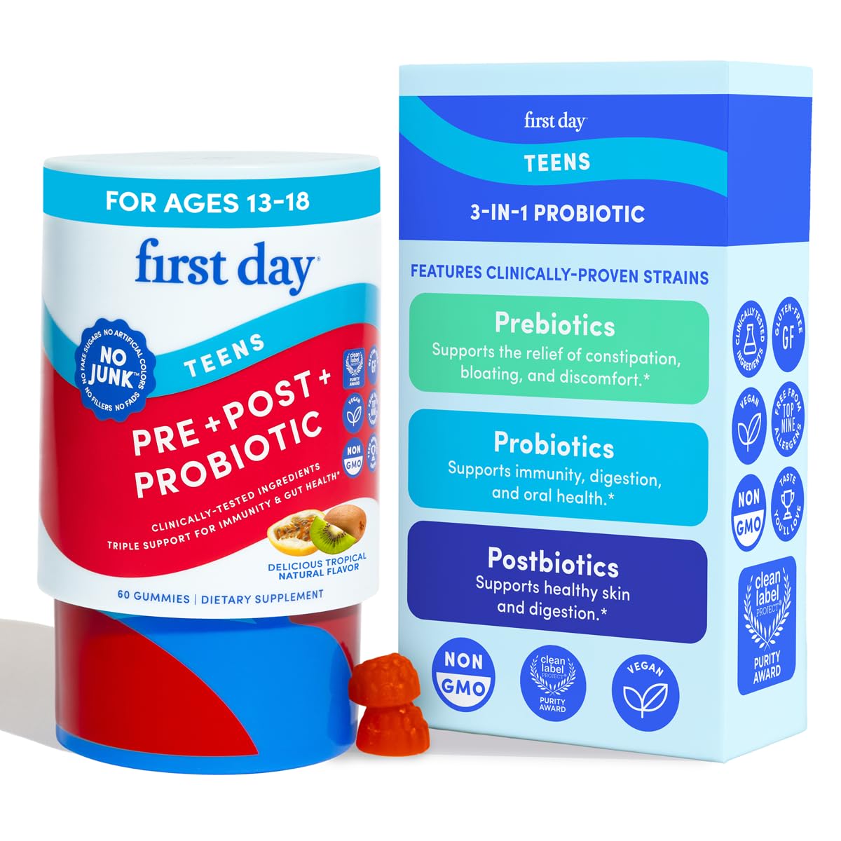 FIRST DAY Teens 3-in-1 Probiotic Gummies – Gut, Skin & Immunity Support (30-Day)