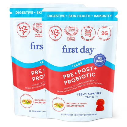 FIRST DAY Teens’ Gut Sustainer Tribiotic Gummies – 3-in-1 Prebiotic, Probiotic & Postbiotic (60-Day Supply)