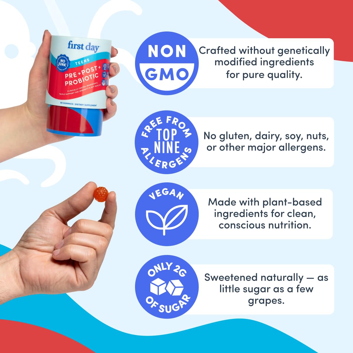 FIRST DAY Teens’ Gut Sustainer Tribiotic Gummies – 3-in-1 Prebiotic, Probiotic & Postbiotic (60-Day Supply)