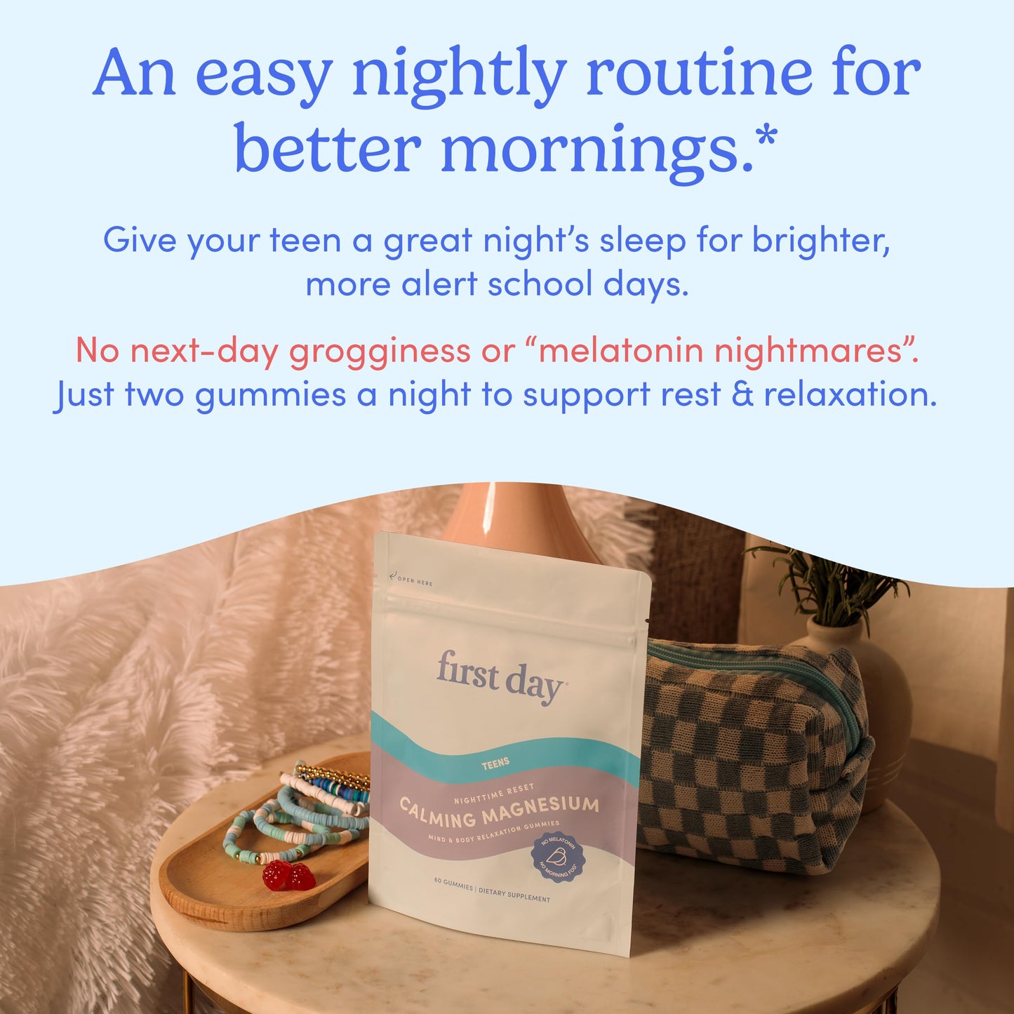 First Day Teens’ Nighttime Reset Calming Magnesium Gummies – Sleep, Mood & Energy (No Melatonin) – 60‑Day Supply