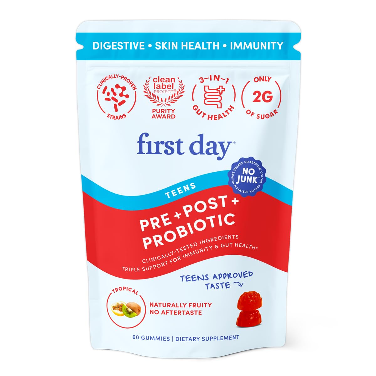 FIRST DAY Teens’ Gut Sustainer Gummies – 3-in-1 Prebiotic, Probiotic & Postbiotic