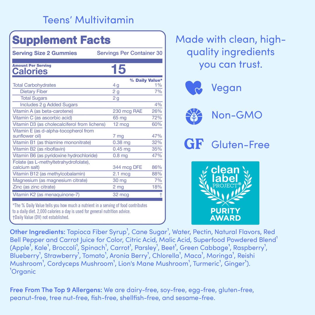 First Day Vitamins for Teens – Teen Multivitamin for Boys & Girls 12-17 | Organic Fruit & Veggie Blend | 30 Day Supply