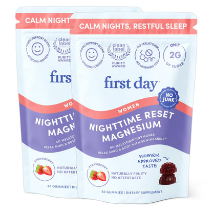First Day Women's Nighttime Reset Calming Magnesium Gummies – Sleep Support, Calm Mood & Energy, No Melatonin – 60-Day Supply