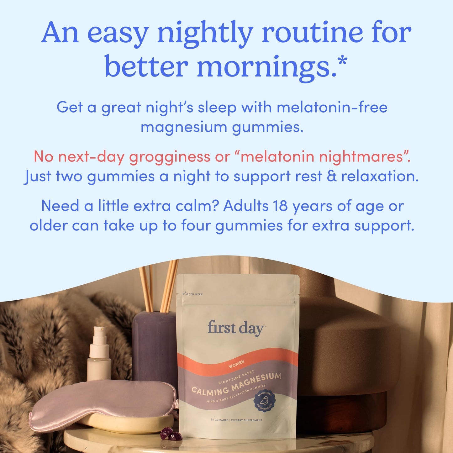 First Day Women’s Nighttime Reset Calming Magnesium Gummies – Sleep Support, Calm Mood & Energy – No Melatonin – 30-Day Supply