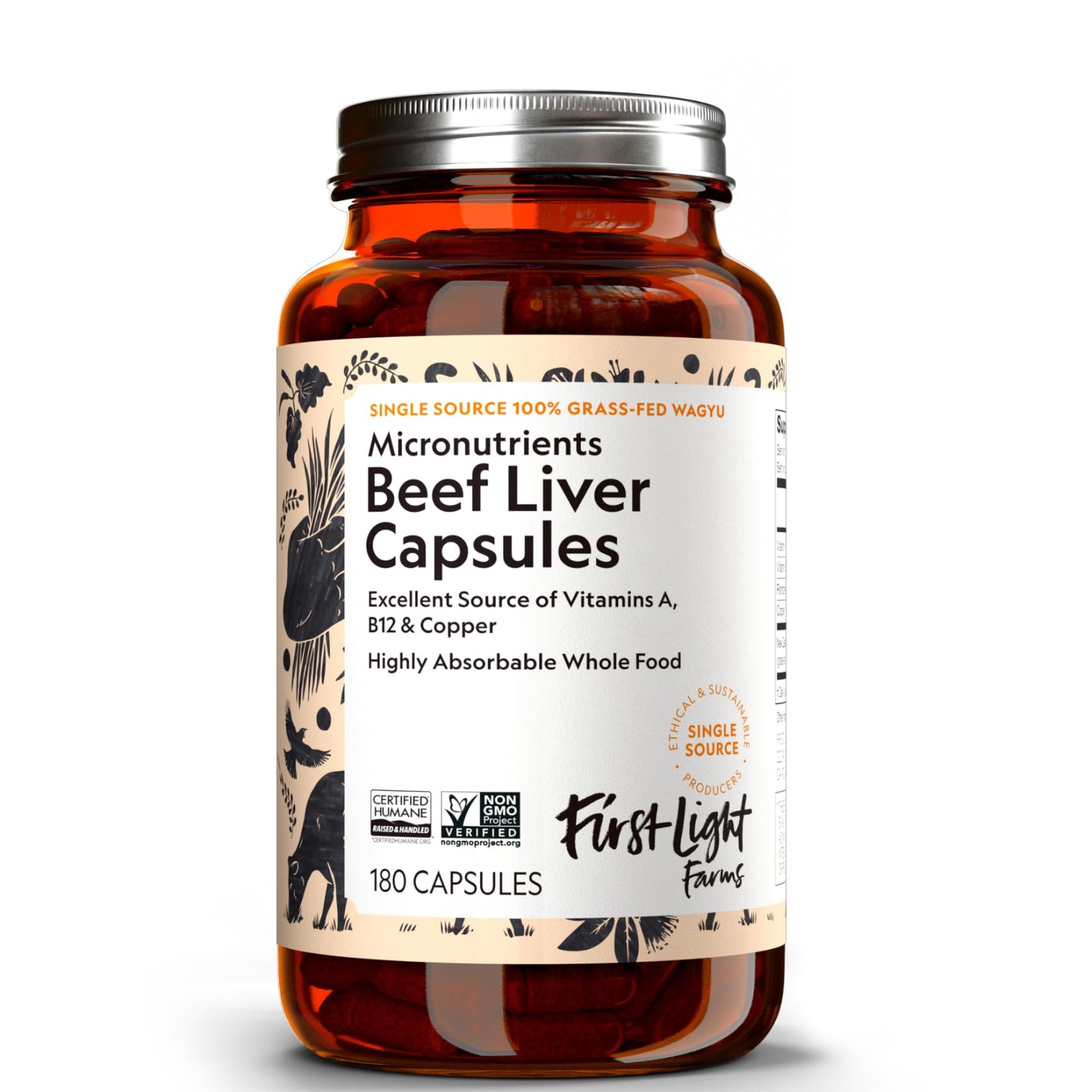 First Light Grass-Fed Beef Liver Capsules | Freeze-Dried Wagyu Liver, 180 Capsules