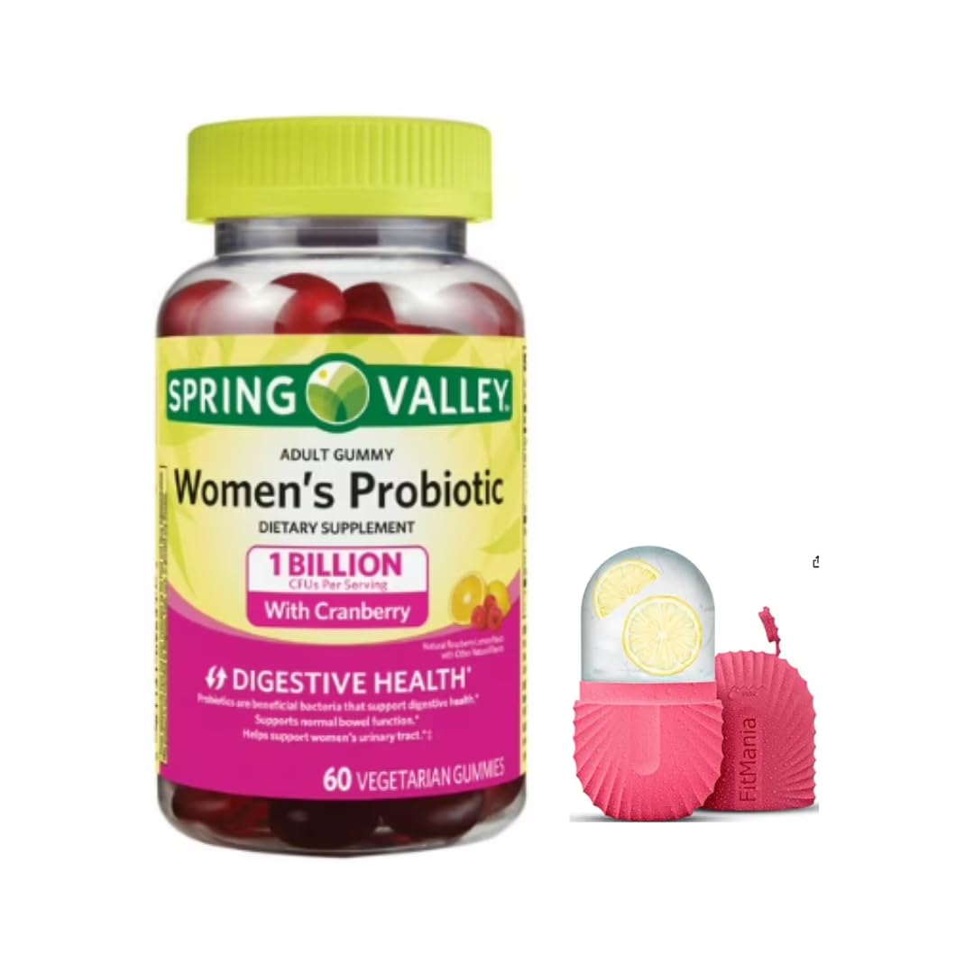 FitMania Spring Valley Women's Cranberry Probiotic Gummies – Raspberry Lemon, 60 Count + Ice Roller Gift