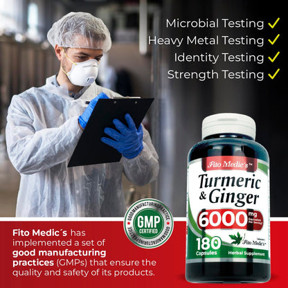 FITO MEDIC'S Lab | Turmeric and Ginger Supplement | 6000 mg | 180 Caps | Ultra High Absorption