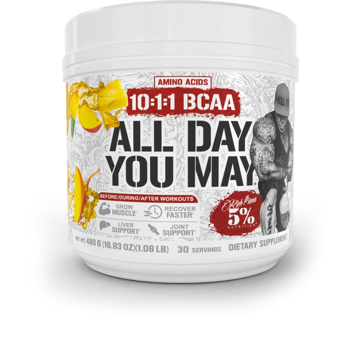 5% Nutrition Rich Piana AllDayYouMay BCAA Powder – Premium Intra & Post Workout Aminos, Mango Pineapple (16.93 oz, 30 Servings)