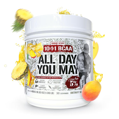 5% Nutrition Rich Piana AllDayYouMay BCAA Powder – Premium Intra & Post Workout Aminos, Mango Pineapple (16.93 oz, 30 Servings)