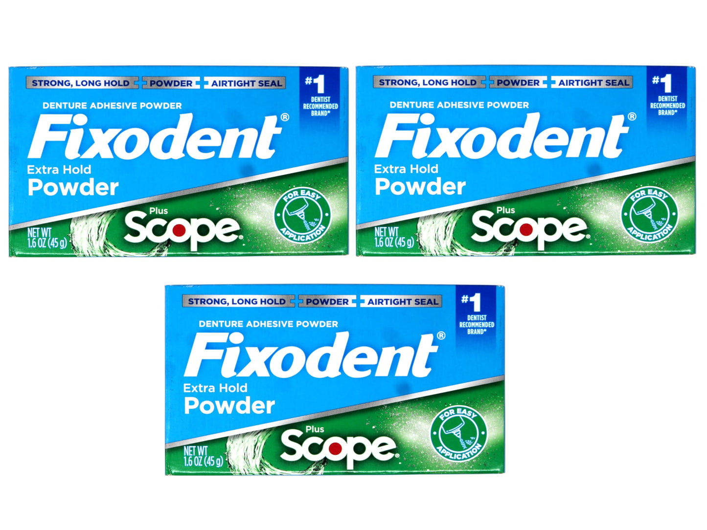 Fixodent Denture Adhesive Powder Extra Strong with Scope - 1.6 oz Pack of 3