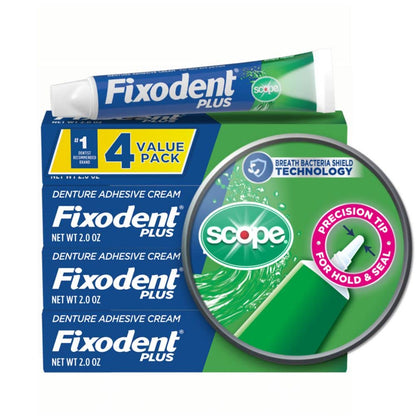 Fixodent Plus Scope Secure Denture Adhesive 2.0oz Pack of 4