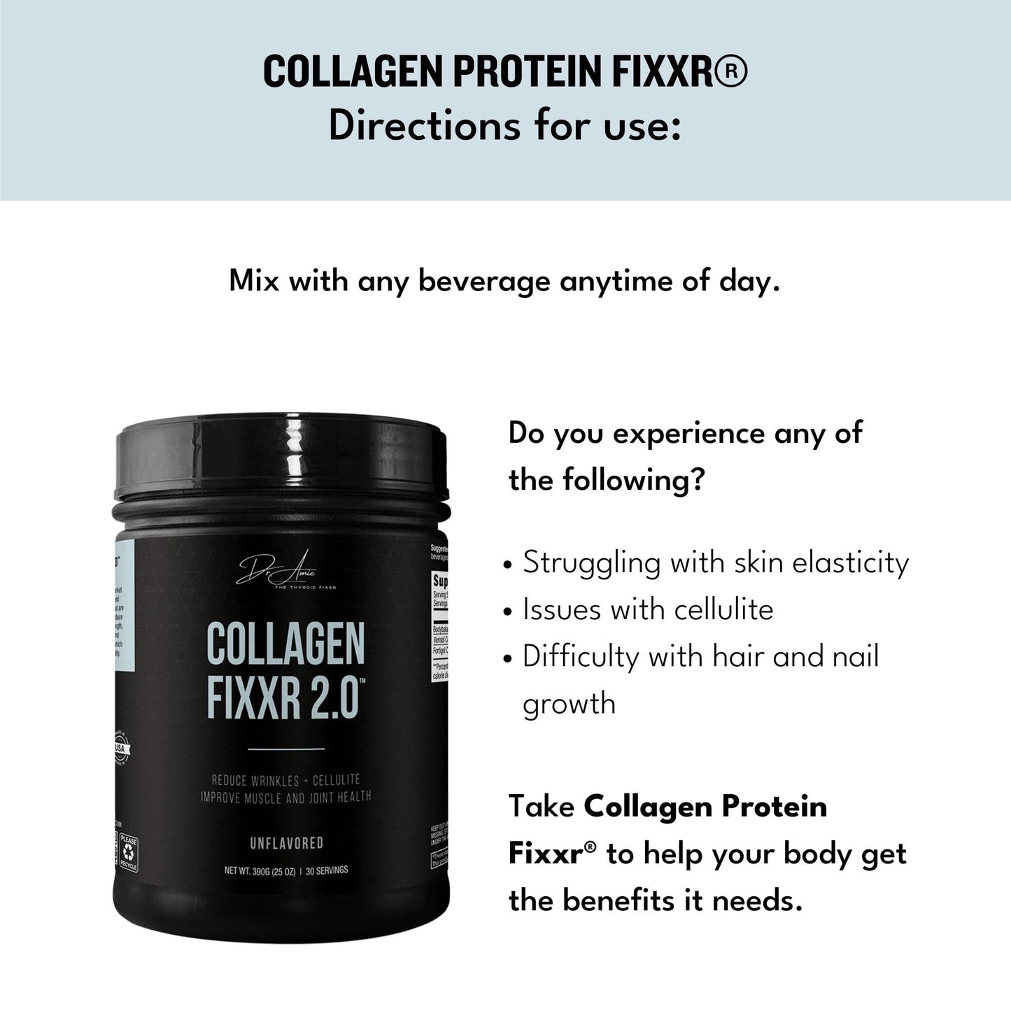 Fixxr Collagen 2.0 by Dr. Amie – 3 Bioactive Collagen Peptides | Unflavored | 30 Servings